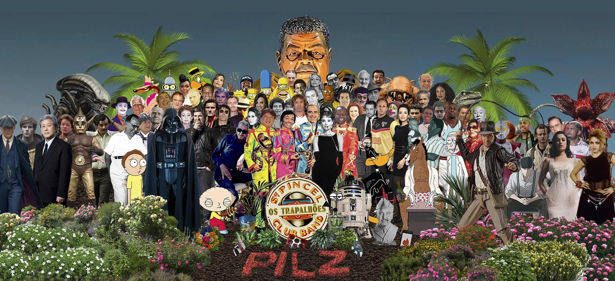 Colagem com personagens da cultura pop, cinema e arte reunidos em composição criativa, representando repertório visual e referências do designer