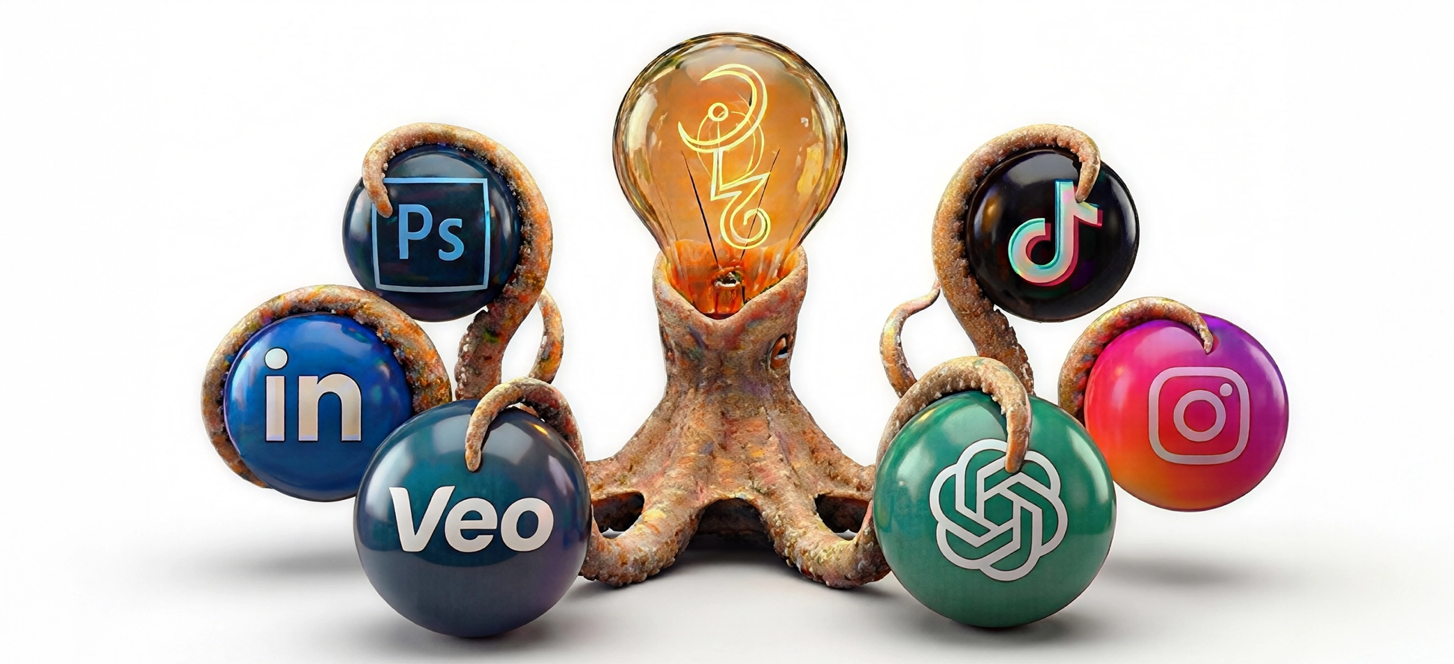 Ilustração 3D com polvo segurando ícones de Photoshop, LinkedIn, Veo, ChatGPT, TikTok e Instagram, representando criatividade e inteligência artificial no design