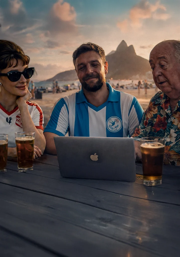 Cena criativa de projeto audiovisual ambientado no Rio de Janeiro, com pessoas analisando conteúdo em um notebook na praia